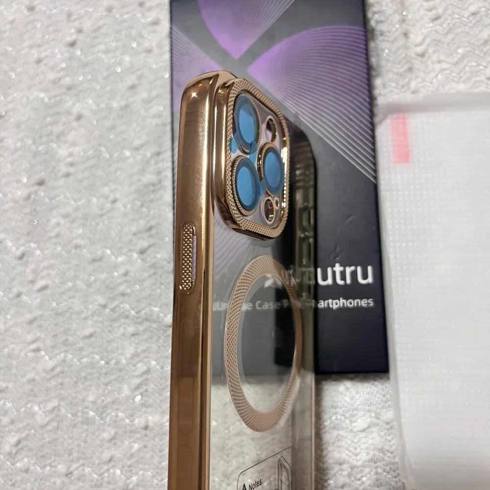 Zrutru Phone Case for IPhone 15 Pro Max Clear and Gold With Screen‎ Protector
